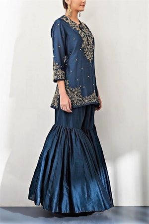 Buy navy zardozi embroidery chanderi kurta with sharara pants online in USA. Keep your style perfect with a stylish range of Indian designer clothes from Pure Elegance fashion store in USA. If you want to shop for Indian clothes online, then browse through our online store and shop at the comfort of your home.-side