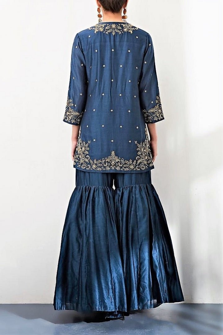 Buy navy zardozi embroidery chanderi kurta with sharara pants online in USA. Keep your style perfect with a stylish range of Indian designer clothes from Pure Elegance fashion store in USA. If you want to shop for Indian clothes online, then browse through our online store and shop at the comfort of your home.-back