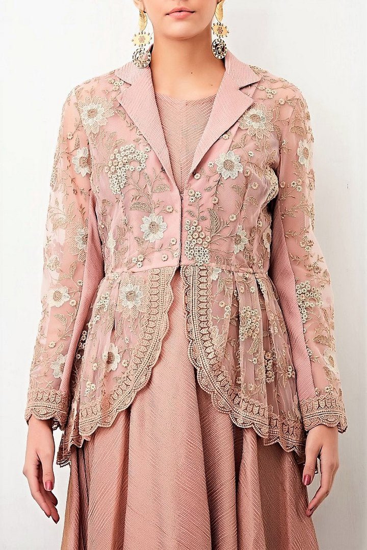 Buy blush pink embroidered peplum jacket with handkerchief dress online in USA. Keep your style perfect with a stylish range of Indian designer clothes from Pure Elegance fashion store in USA. If you want to shop for Indian clothes online, then browse through our online store and shop at the comfort of your home.-jacket