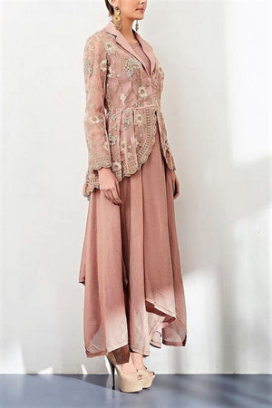 Buy blush pink embroidered peplum jacket with handkerchief dress online in USA. Keep your style perfect with a stylish range of Indian designer clothes from Pure Elegance fashion store in USA. If you want to shop for Indian clothes online, then browse through our online store and shop at the comfort of your home.-side