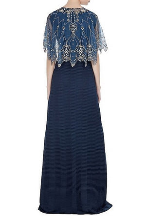 Buy designer navy embroidered cape with hi-low dress online in USA. Keep your style perfect with a stylish range of Indian designer dresses from Pure Elegance fashion store in USA. If you want to shop for Indian clothes online, then browse through our online store and shop at the comfort of your home.-back