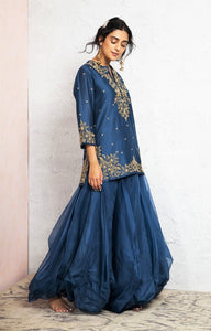 Shop designer navy embroidered kurti with balloon skirt online in USA. Keep your style perfect with a stylish range of Indian designer dresses from Pure Elegance fashion store in USA. If you want to shop for Indian clothes online, then browse through our online store and shop at the comfort of your home.-full view