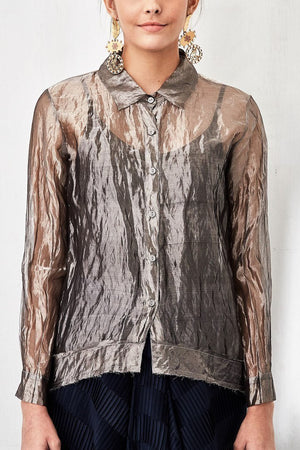 Buy grey silver tissue shirt with crinkled draped skirt online in USA. Keep your style perfect with a stylish range of Indian designer dresses from Pure Elegance fashion store in USA. If you want to shop for Indian clothes online, then browse through our online store and shop at the comfort of your home.-shirt front