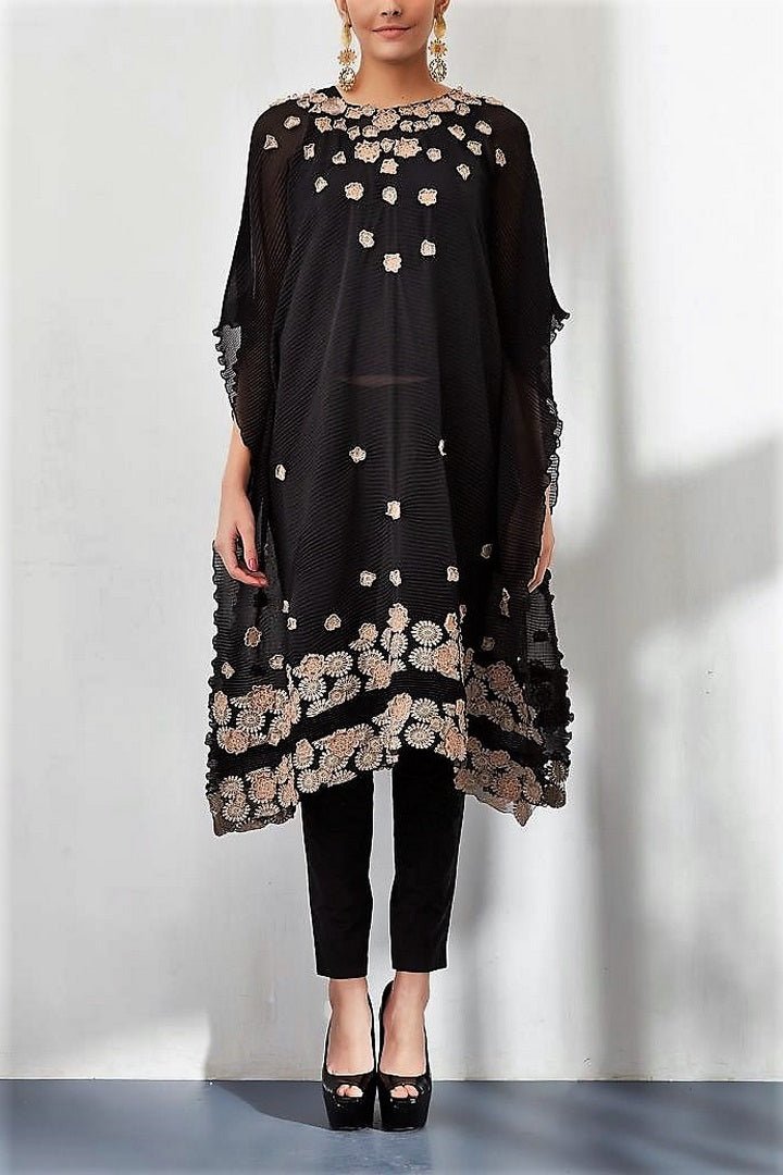 Shop black georgette poncho with 3D floral embroidery online in USA. Keep your style perfect with a stylish range of Indian designer dresses from Pure Elegance fashion store in USA. If you want to shop for Indian clothes online, then browse through our online store and shop at the comfort of your home.-full view