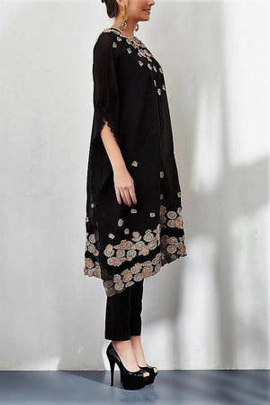 Shop black georgette poncho with 3D floral embroidery online in USA. Keep your style perfect with a stylish range of Indian designer dresses from Pure Elegance fashion store in USA. If you want to shop for Indian clothes online, then browse through our online store and shop at the comfort of your home.-side