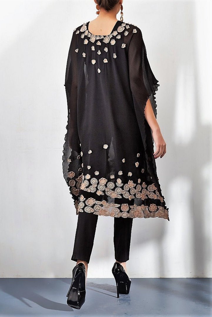 Shop black georgette poncho with 3D floral embroidery online in USA. Keep your style perfect with a stylish range of Indian designer dresses from Pure Elegance fashion store in USA. If you want to shop for Indian clothes online, then browse through our online store and shop at the comfort of your home.-back