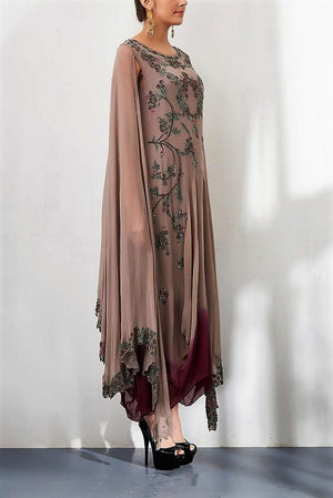 Shop mauve embroidered draped dress with attached dupatta online in USA. Keep your style perfect with a stylish range of Indian designer dresses from Pure Elegance fashion store in USA. If you want to shop for Indian clothes online, then browse through our online store and shop at the comfort of your home.-side