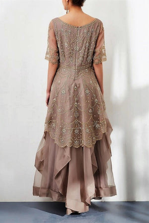Shop designer grey embroidered peplum chiffon long dress online in USA. Keep your style perfect with a stylish range of Indian designer dresses from Pure Elegance fashion store in USA. If you want to shop for modern Indian clothing online, then browse through our online store and shop at the comfort of your home.-back