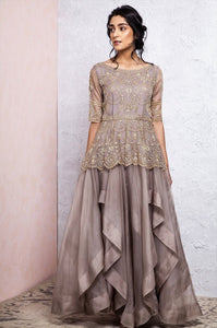 Shop designer grey embroidered peplum chiffon long dress online in USA. Keep your style perfect with a stylish range of Indian designer dresses from Pure Elegance fashion store in USA. If you want to shop for modern Indian clothing online, then browse through our online store and shop at the comfort of your home.-full view