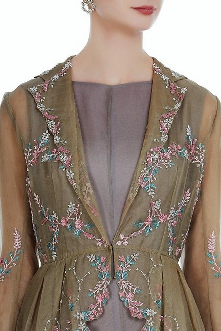 Shop grey embroidered peplum jacket with balloon dress online in USA. Keep your style perfect with a stylish range of Indian designer dresses from Pure Elegance fashion store in USA. If you want to shop for modern Indian clothing online, then browse through our online store and shop at the comfort of your home.-jacket