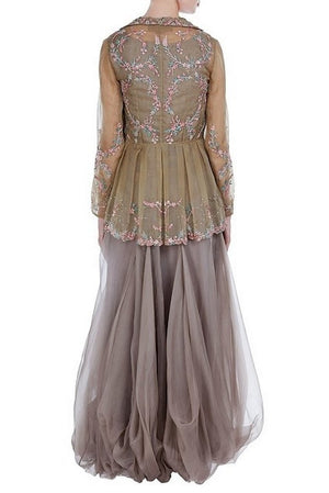 Shop grey embroidered peplum jacket with balloon dress online in USA. Keep your style perfect with a stylish range of Indian designer dresses from Pure Elegance fashion store in USA. If you want to shop for modern Indian clothing online, then browse through our online store and shop at the comfort of your home.-back