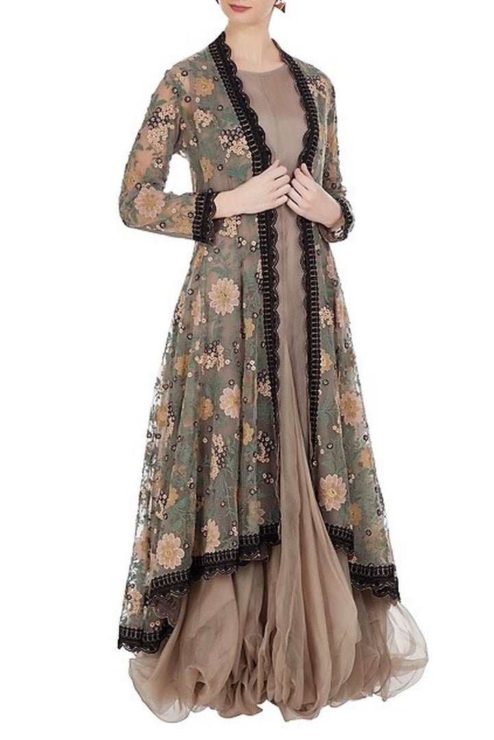 Buy grey embroidered hi-low long jacket with balloon dress online in USA. Keep your style perfect with a stylish range of Indian designer dresses from Pure Elegance fashion store in USA. If you want to shop for modern Indian clothing online, then browse through our online store and shop at the comfort of your home.-full view