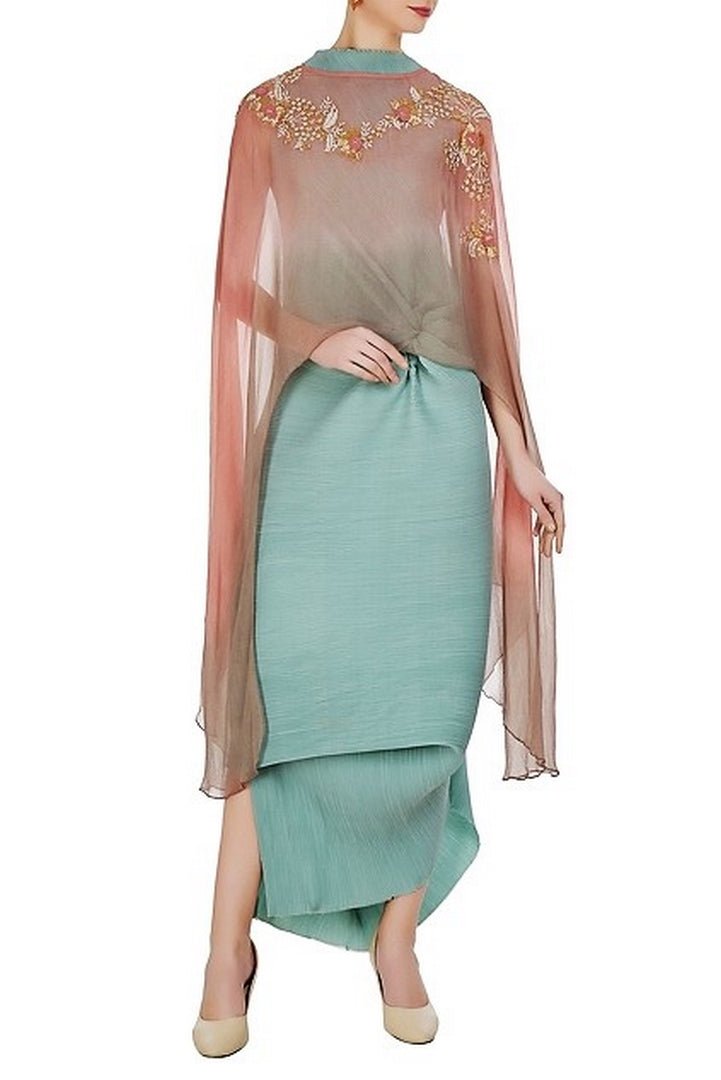 Buy mint draped crinkled dress with embroidered ombre cape online in USA. Keep your style perfect with a stylish range of Indian designer dresses from Pure Elegance fashion store in USA. If you want to shop for modern Indian clothing online, then browse through our online store and shop at the comfort of your home.-full view