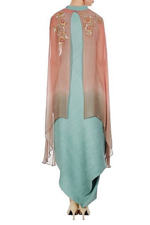 Buy mint draped crinkled dress with embroidered ombre cape online in USA. Keep your style perfect with a stylish range of Indian designer dresses from Pure Elegance fashion store in USA. If you want to shop for modern Indian clothing online, then browse through our online store and shop at the comfort of your home.-back
