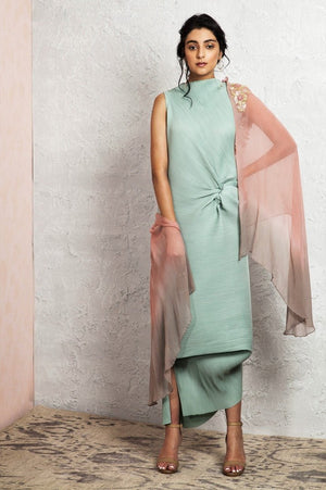 403582D Mint Draped Crinkled Dress with Embroidered Ombre Cape