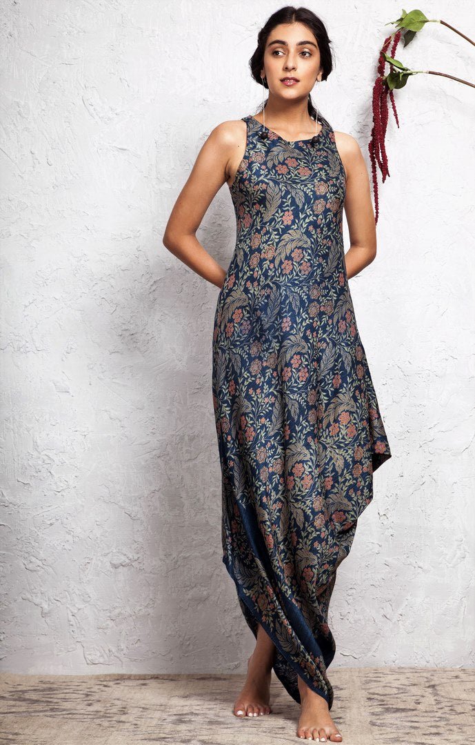 Buy blue printed draped cowl dress online in USA. Keep your style perfect with a stylish range of Indian designer dresses from Pure Elegance fashion store in USA. If you want to shop for modern Indian clothing online, then browse through our online store and shop at the comfort of your home.-full view