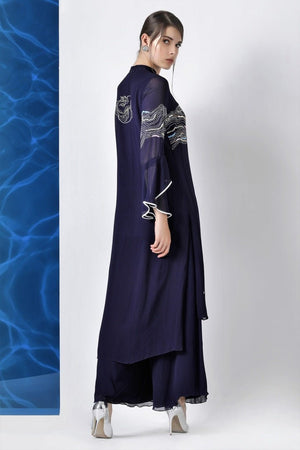 Shop designer navy embroidered hi-low kurta with palazzo online in USA at Pure Elegance. Make your wardrobe an eclectic mix of alluring silhouettes and colors with a range of Indian designer clothes available at our clothing store in USA. -back