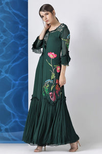 Buy bottle green embroidered front open gown with palazzo online in USA at Pure Elegance. Make your wardrobe an eclectic mix of alluring silhouettes and colors with a range of Indian designer clothes available at our clothing store in USA. -full view