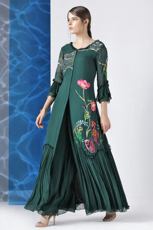 Buy bottle green embroidered front open gown with palazzo online in USA at Pure Elegance. Make your wardrobe an eclectic mix of alluring silhouettes and colors with a range of Indian designer clothes available at our clothing store in USA. -side