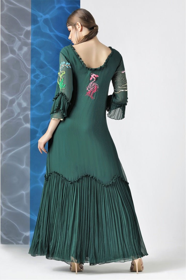 Buy bottle green embroidered front open gown with palazzo online in USA at Pure Elegance. Make your wardrobe an eclectic mix of alluring silhouettes and colors with a range of Indian designer clothes available at our clothing store in USA. -back