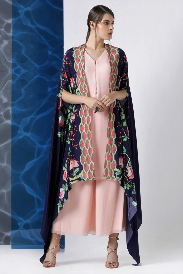 Buy designer pink kurta and palazzo with navy printed cape online in USA from Pure Elegance. Make your wardrobe an eclectic mix of alluring silhouettes and colors with a range of Indian designer clothes available at our clothing store in USA. -full view