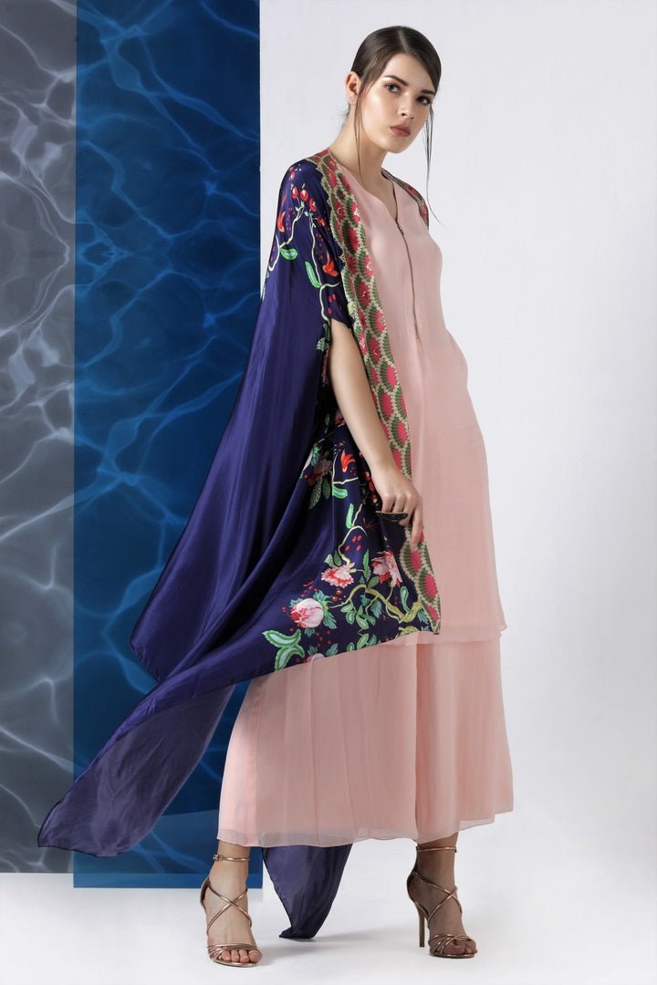 Buy designer pink kurta and palazzo with navy printed cape online in USA from Pure Elegance. Make your wardrobe an eclectic mix of alluring silhouettes and colors with a range of Indian designer clothes available at our clothing store in USA. -side