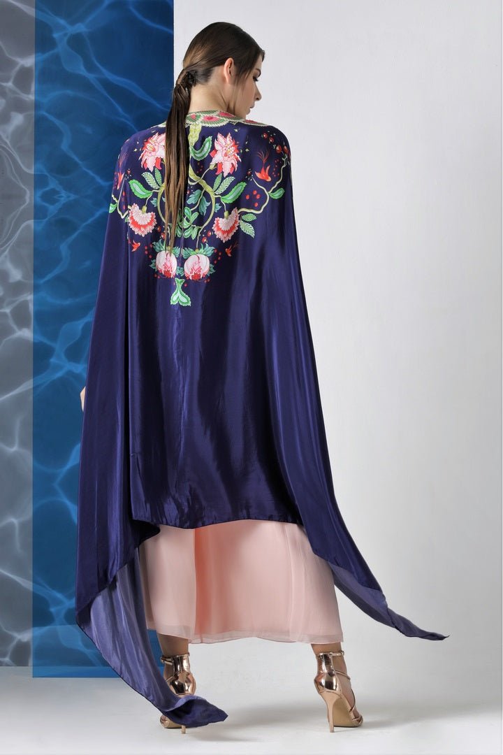 Buy designer pink kurta and palazzo with navy printed cape online in USA from Pure Elegance. Make your wardrobe an eclectic mix of alluring silhouettes and colors with a range of Indian designer clothes available at our clothing store in USA. -back