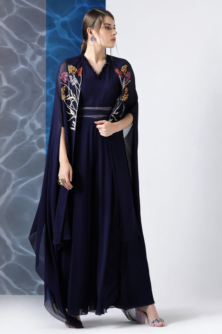 403605D Navy Embroidered Jumpsuit with Embroidered Cape