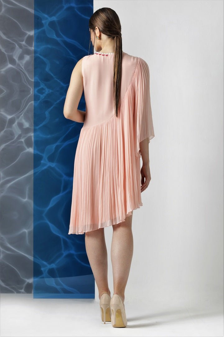 Shop Peach Color Embroidered Asymmetric Dress with Draped Sleeve