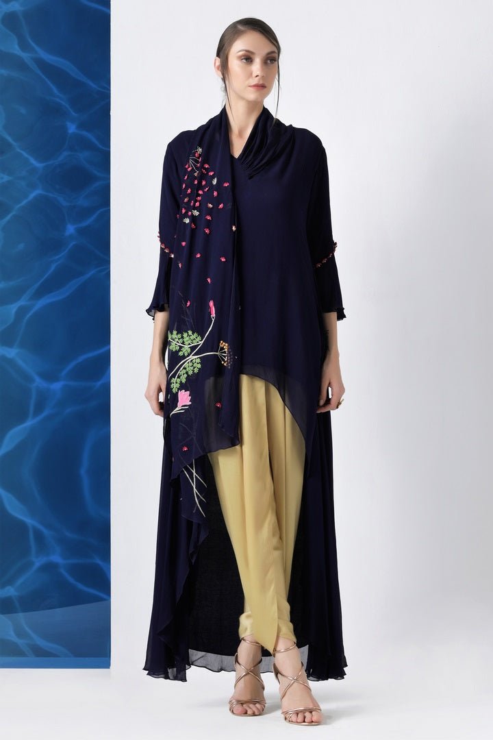 Shop navy embroidered hi-low tunic with dhoti pants online in USA from Pure Elegance. Make your wardrobe an eclectic mix of alluring silhouettes and colors with a range of Indian designer clothes available at our clothing store in USA. -full view