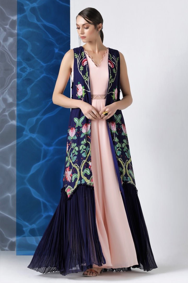 Shop designer pink jumpsuit with navy printed jacket online in USA at Pure Elegance. Make your wardrobe an eclectic mix of alluring silhouettes and colors with a range of Indian designer clothing available at our clothing store in USA. -full view