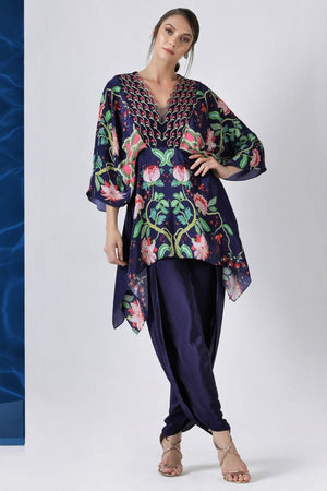 Shop navy printed kaftaan style tunic with dhoti pants online in USA from Pure Elegance. Make your wardrobe an eclectic mix of alluring silhouettes and colors with a range of Indian designer clothes available at our clothing store in USA. -full view