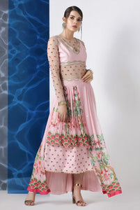Shop pink printed and embroidered asymmetric dress online in USA at Pure Elegance. Make your wardrobe an eclectic mix of alluring silhouettes and colors with a range of Indian designer clothing available at our clothing store in USA. -full view
