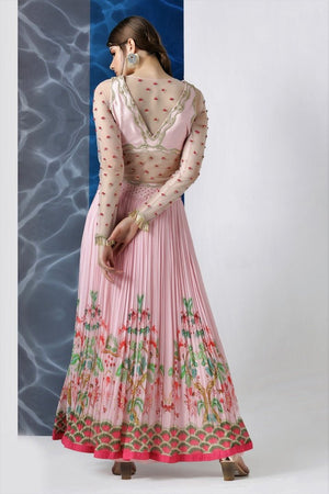 Shop pink printed and embroidered asymmetric dress online in USA at Pure Elegance. Make your wardrobe an eclectic mix of alluring silhouettes and colors with a range of Indian designer clothing available at our clothing store in USA. -side