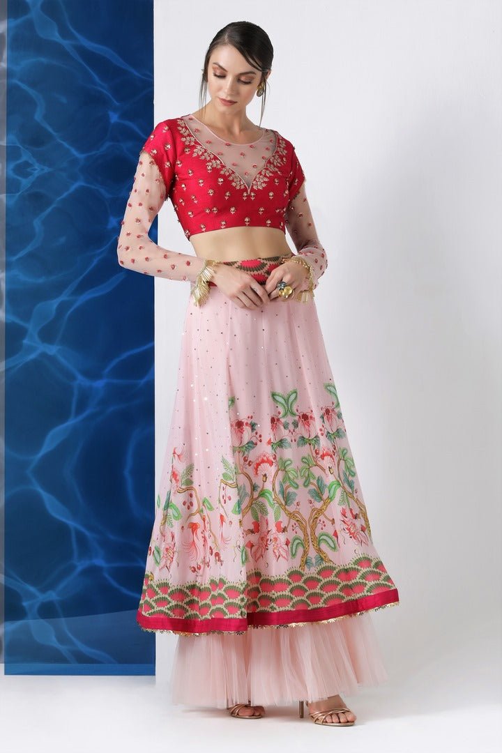 Shop red and pink embroidered and printed skirt set online in USA at Pure Elegance. Make your wardrobe an eclectic mix of alluring silhouettes and colors with a range of Indian designer clothing available at our clothing store in USA. -front