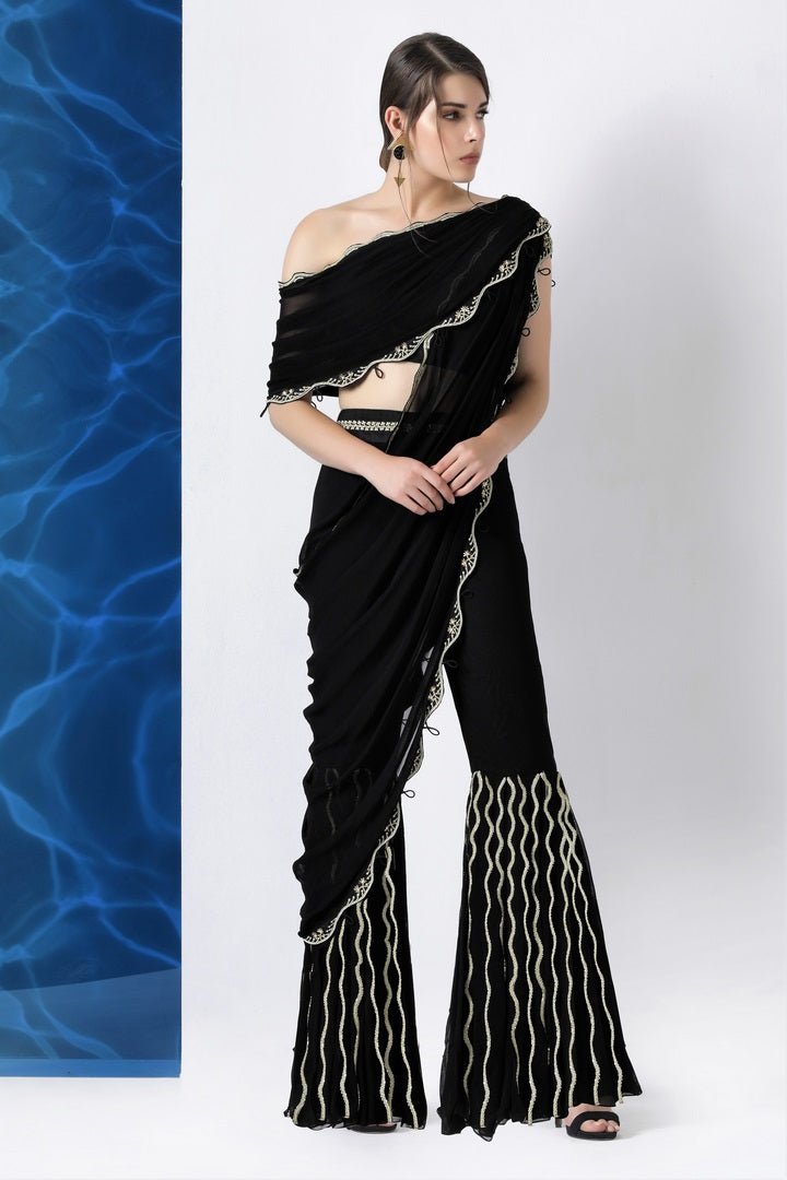 Buy black embroidered crop top with draped dupatta and bell bottoms online in USA from Pure Elegance. Make your wardrobe an eclectic mix of alluring silhouettes and colors with a range of Indian designer clothing available at our clothing store in USA. -full view