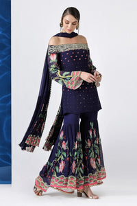 Buy navy embroidered off shoulder kurti with sharara and dupatta online in USA from Pure Elegance. Make your wardrobe an eclectic mix of alluring silhouettes and colors with a range of Indian designer clothing available at our clothing store in USA. -full view