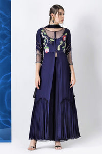 Shop navy embroidered kurta with palazzo and dupatta online in USA from Pure Elegance. Make your wardrobe an eclectic mix of alluring silhouettes and colors with a range of Indian designer clothing available at our fashion store in USA. -full view