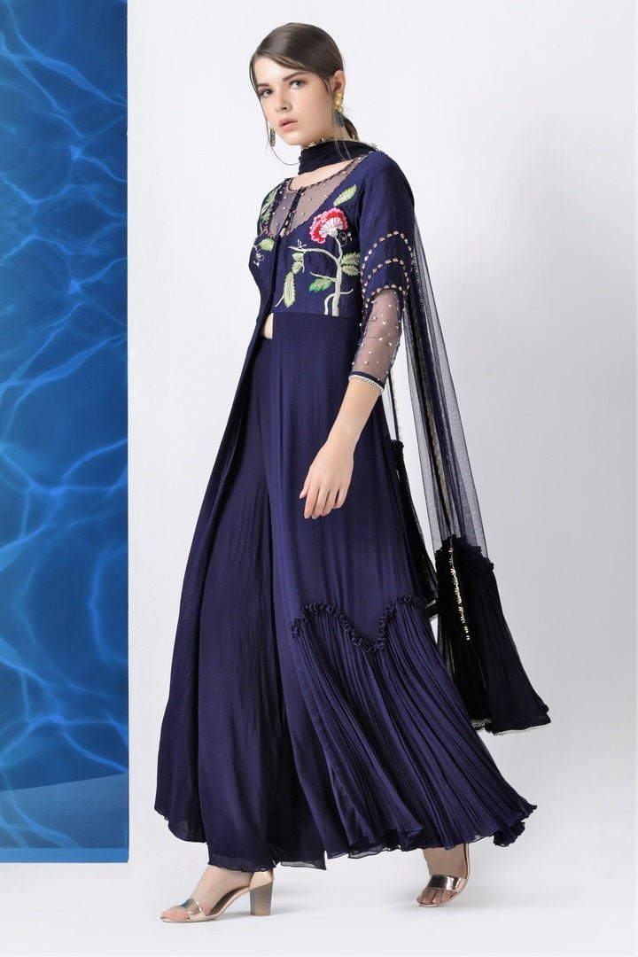Shop navy embroidered kurta with palazzo and dupatta online in USA from Pure Elegance. Make your wardrobe an eclectic mix of alluring silhouettes and colors with a range of Indian designer clothing available at our fashion store in USA. -side