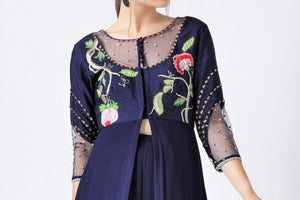 Shop navy embroidered kurta with palazzo and dupatta online in USA from Pure Elegance. Make your wardrobe an eclectic mix of alluring silhouettes and colors with a range of Indian designer clothing available at our fashion store in USA. -embroidery