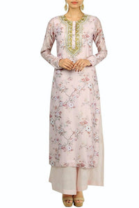Elegant powder pink printed and embroiderd kurta with palazzo for online shopping in USA. Make your ethnic wardrobe complete with an exquisite collection of Indian designer clothing from Pure Elegance clothing store in USA. A splendid variety of designer dresses, designer lehenga choli, salwar suits will leave you wanting for more. Shop now.-full view