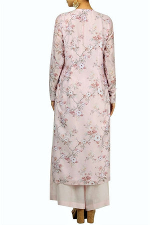 Elegant powder pink printed and embroiderd kurta with palazzo for online shopping in USA. Make your ethnic wardrobe complete with an exquisite collection of Indian designer clothing from Pure Elegance clothing store in USA. A splendid variety of designer dresses, designer lehenga choli, salwar suits will leave you wanting for more. Shop now.-back