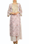 Elegant powder pink printed and embroidered kurta with bell sleeves for online shopping in USA. Make your ethnic wardrobe complete with an exquisite collection of Indian designer clothing from Pure Elegance clothing store in USA. A splendid variety of designer dresses, designer lehenga choli, salwar suits will leave you wanting for more. Shop now.-full view
