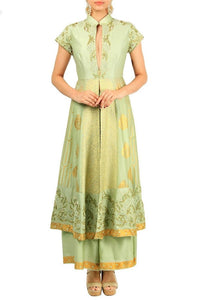 Mint green chanderi silk suit with palazzo pants for online shopping in USA. Make your ethnic wardrobe complete with an exquisite collection of Indian designer clothing from Pure Elegance clothing store in USA. A splendid variety of designer dresses, designer lehenga choli, salwar suits will leave you wanting for more. Shop now.-full view