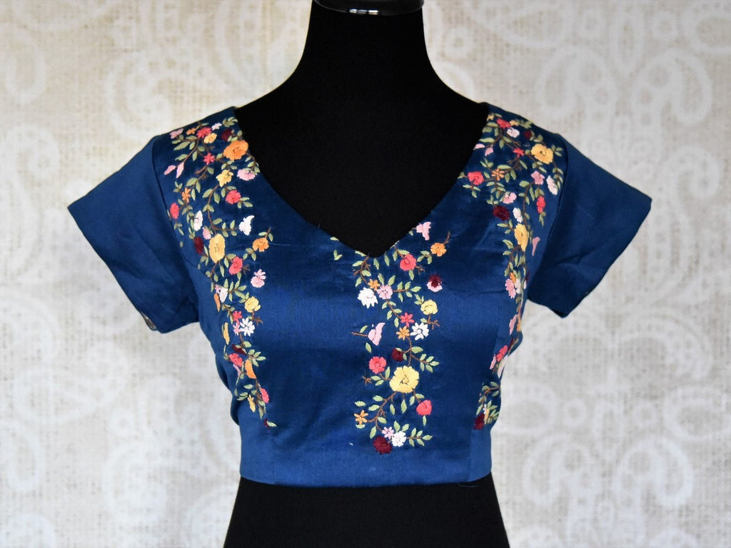 Buy dark blue embroidered silk designer saree blouse online in USA. Elevate your traditional Indian sarees with matching and contrasting sari blouses from Pure Elegance Indian clothing store in USA.-front