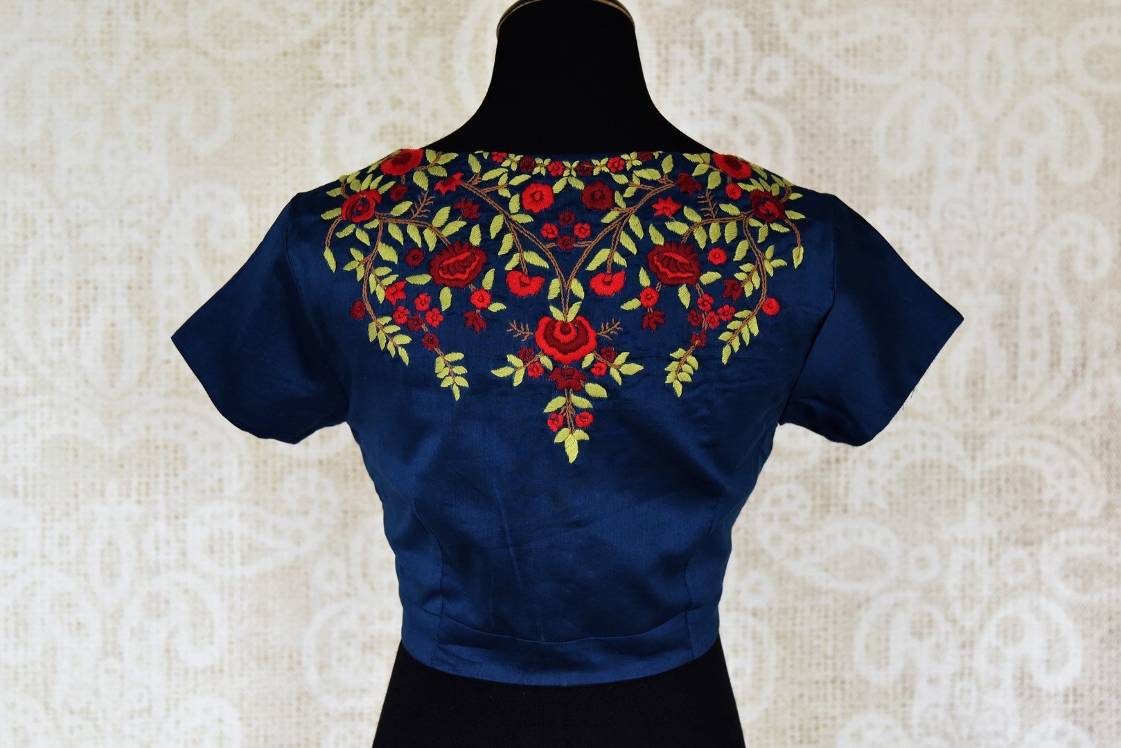 Buy navy blue silk sari blouse online in USA with embroidered back. Enhance your ethnic saree look with beautiful Indian designer saree blouses from Pure Elegance Indian fashion store in USA.-back