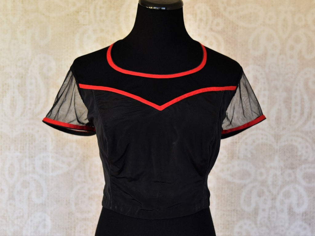 Buy designer black silk and net sheer saree blouse online in USA. Elevate your traditional Indian sarees with matching and contrasting designer sari blouses from Pure Elegance Indian clothing store in USA.-front