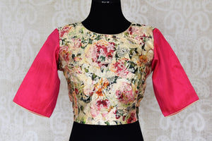 Buy cream raw silk Banarasi saree blouse online in USA with pink sleeves. Enhance your ethnic saree look with beautiful Indian designer saree blouses from Pure Elegance Indian fashion store in USA.-front