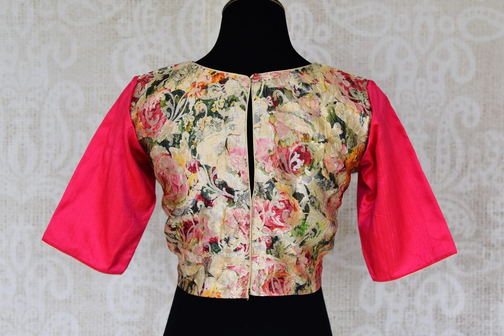 Buy cream raw silk Banarasi saree blouse online in USA with pink sleeves. Enhance your ethnic saree look with beautiful Indian designer saree blouses from Pure Elegance Indian fashion store in USA.-back