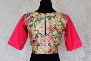 Buy cream raw silk Banarasi saree blouse online in USA with pink sleeves. Enhance your ethnic saree look with beautiful Indian designer saree blouses from Pure Elegance Indian fashion store in USA.-back